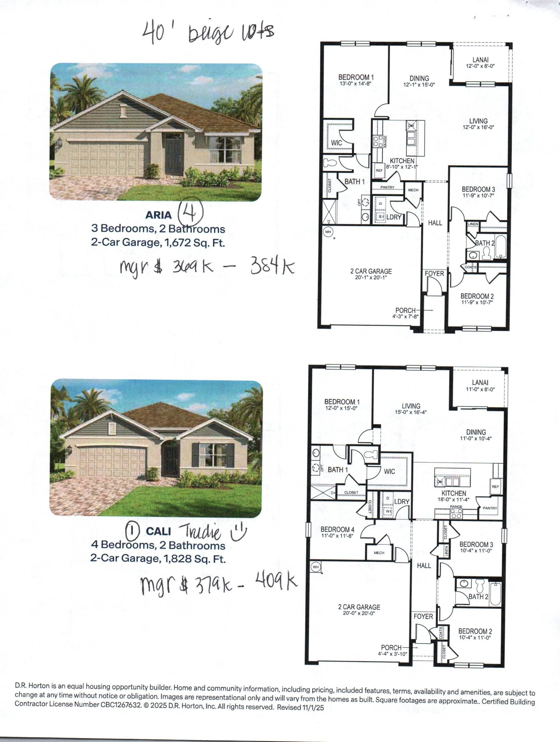 Aria floor plan, 3 bed, 2 bath, 1672 sq ft, Venetian Grove, Vero Beach FL
