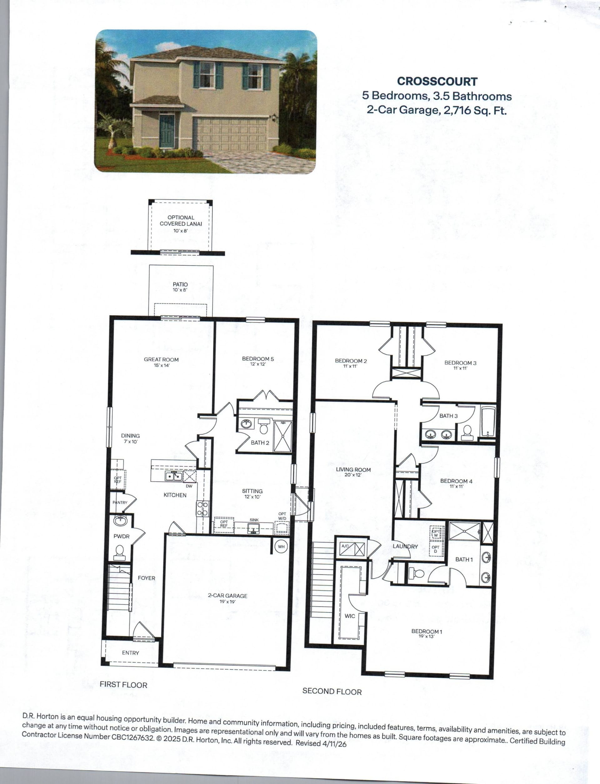 Crosscourt floor plan, 5 bed, 3.5 bath, 2716 sq ft, Venetian Grove, Vero Beach FL