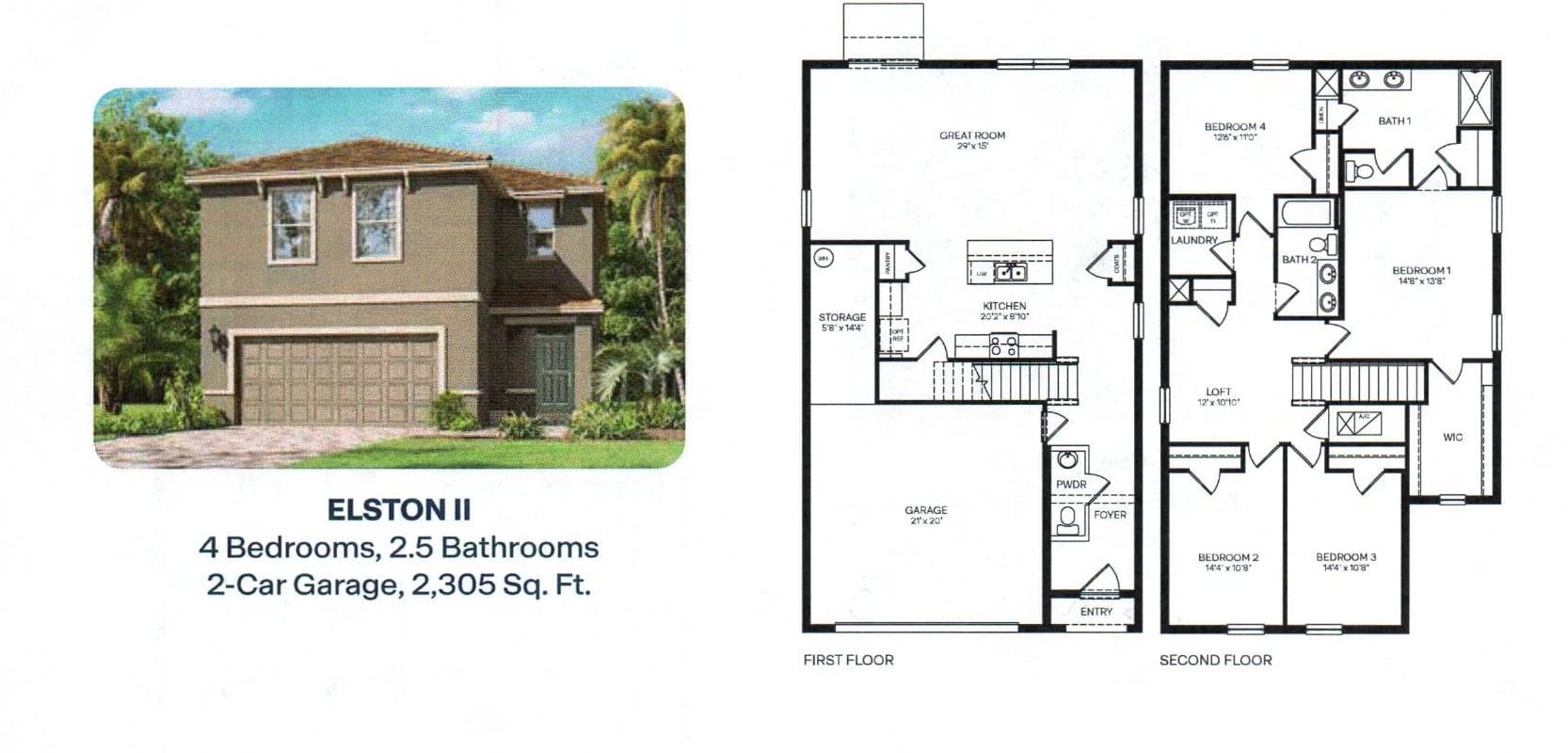 Elston II floor plan, 4 bed, 2.5 bath, 2305 sq ft, Venetian Grove, Vero Beach FL