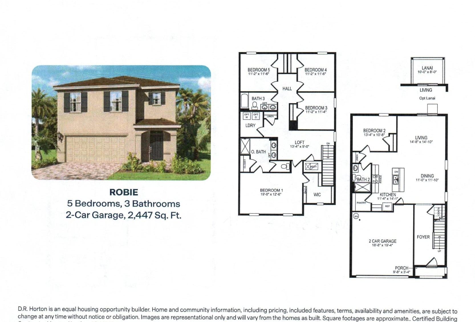Robie floor plan, 5 bed, 3 bath, 2447 sq ft, Venetian Grove, Vero Beach FL
