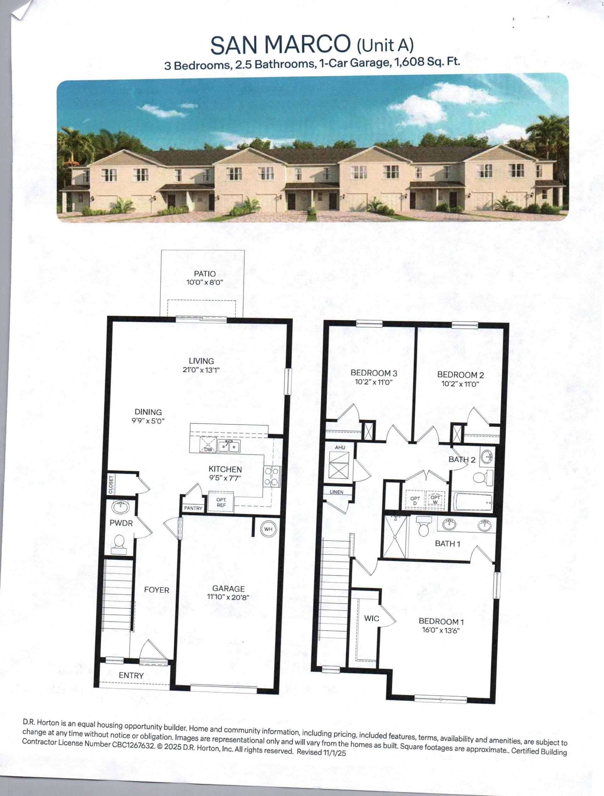 San Marco (Unit A) floor plan, 3 bed, 2.5 bath, 1608 sq ft, Venetian Grove, Vero Beach FL