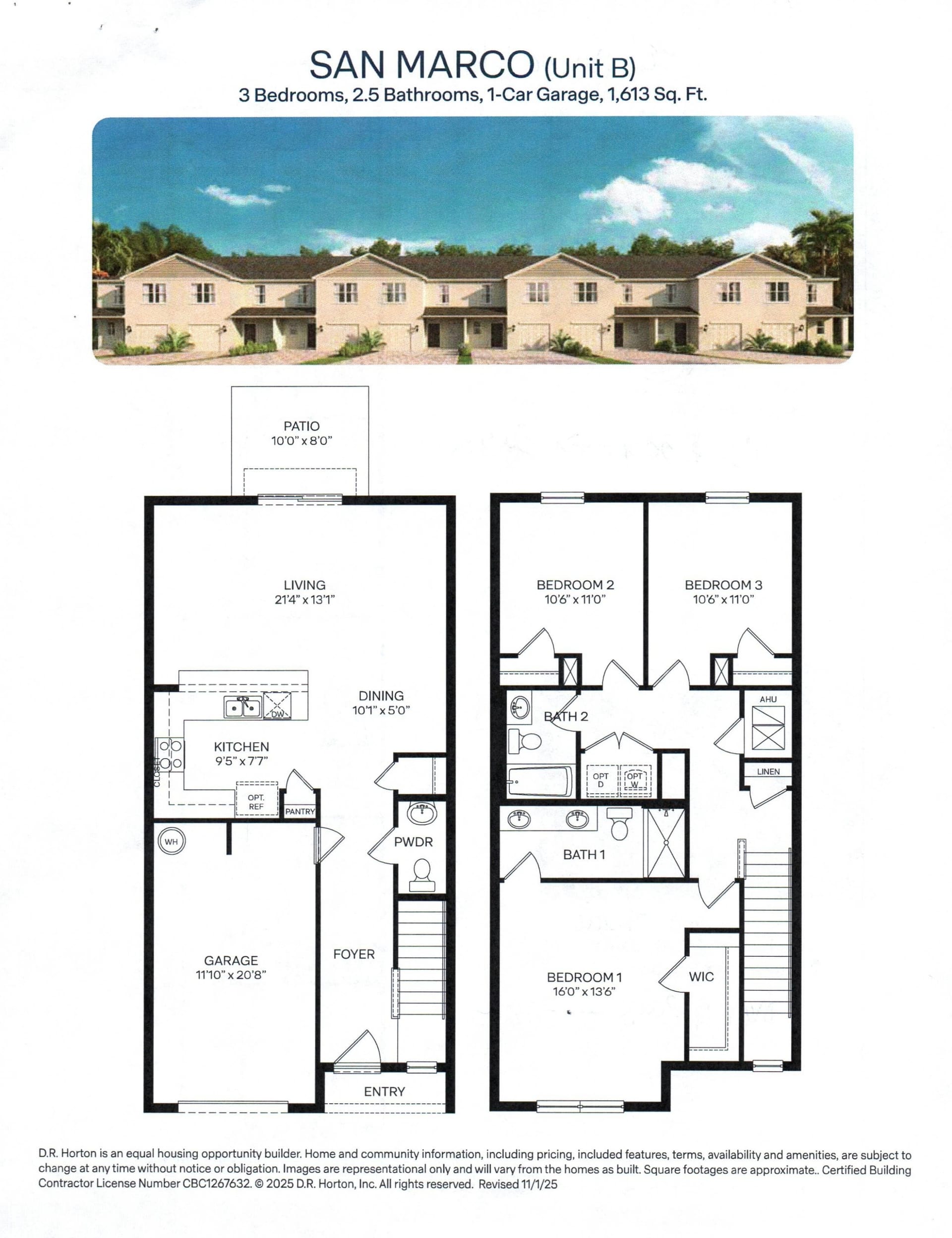 San Marco (Unit B) floor plan, 3 bed, 2.5 bath, 1613 sq ft, Venetian Grove, Vero Beach FL
