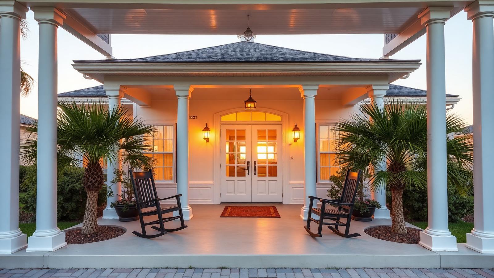 Welcoming Florida coastal home front porch at golden hour