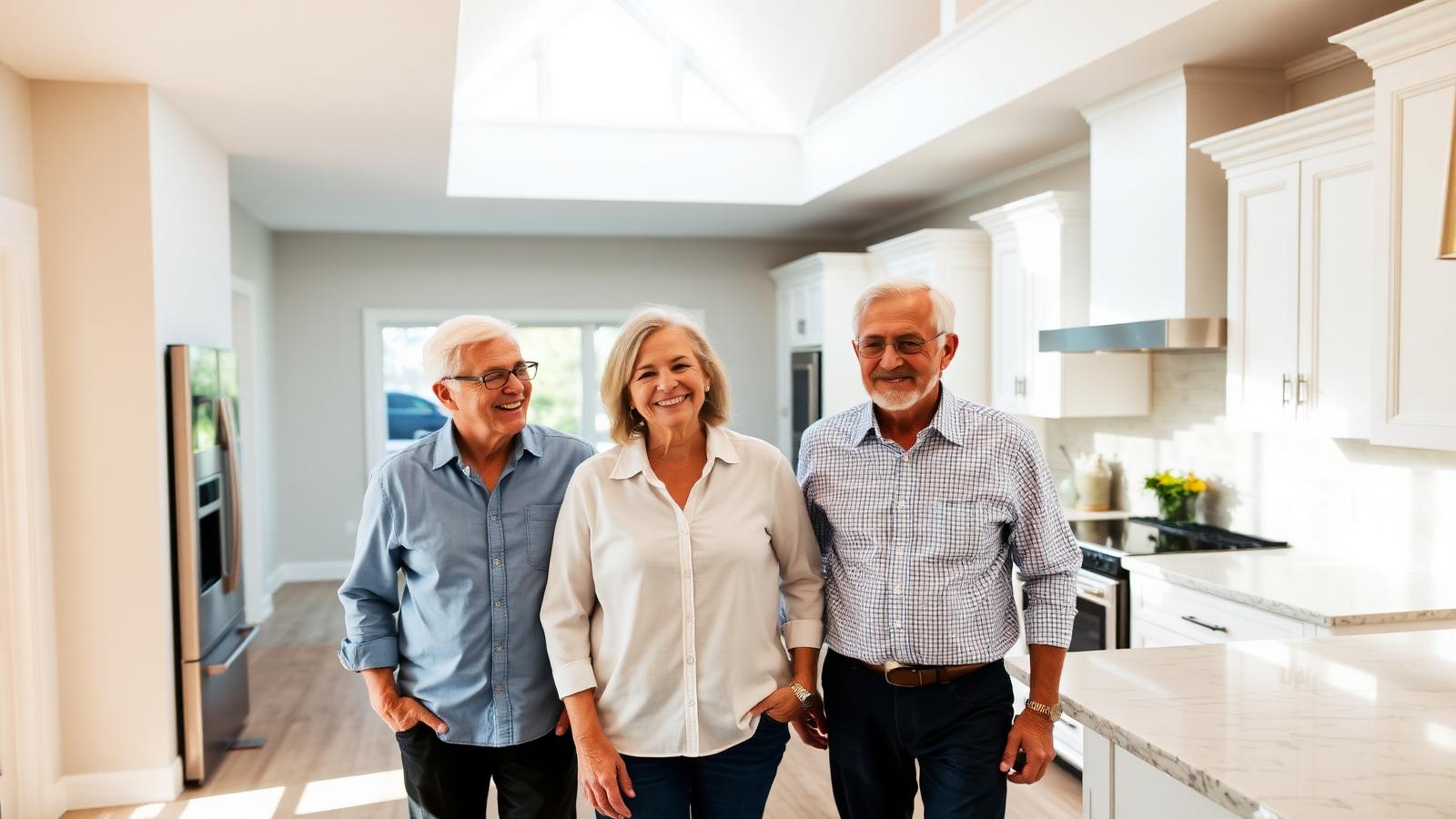 Happy couple touring a new construction home with a real estate agent