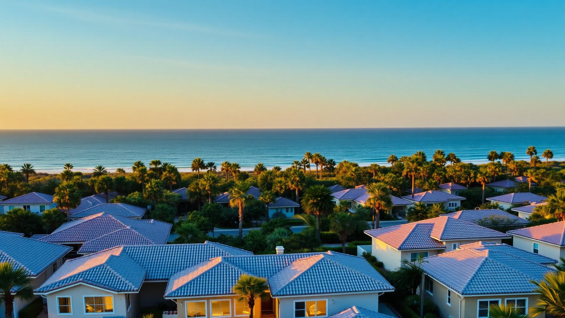 Aerial view of a Treasure Coast new construction neighborhood at golden hour