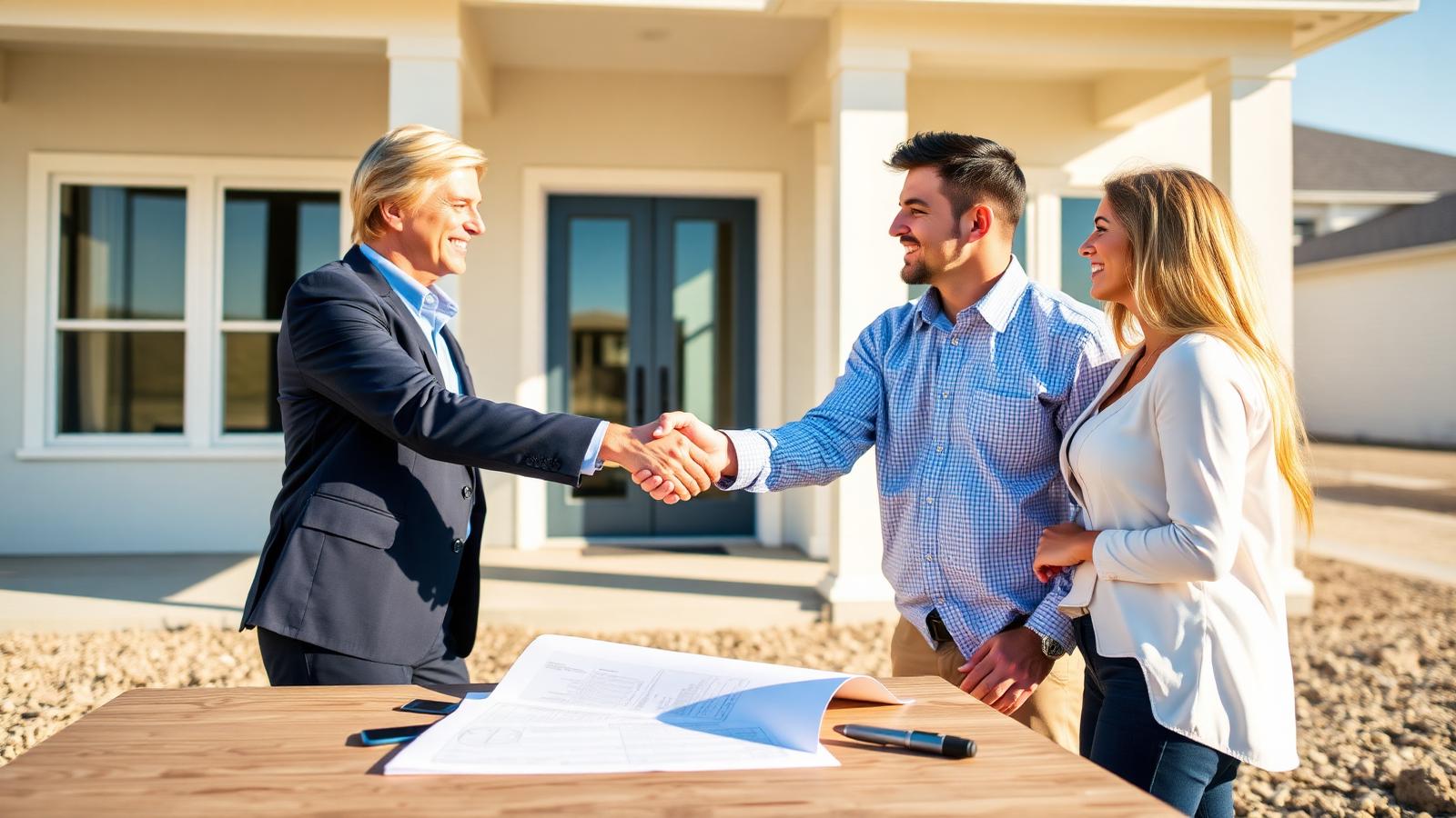 Buyer's agent shaking hands with a couple in front of a new construction home